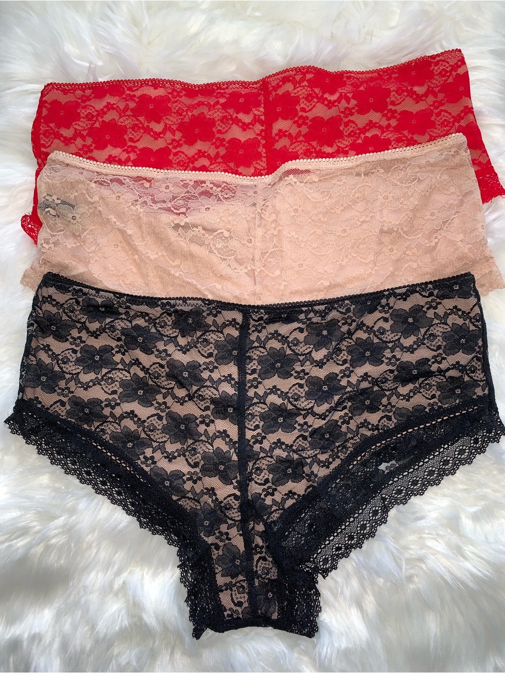 Lace Boyshort Panty Trio - Red, Nude & Black